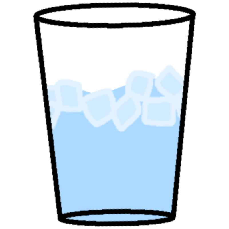 a clear cup with  blue water and ice cubes floating in the water.